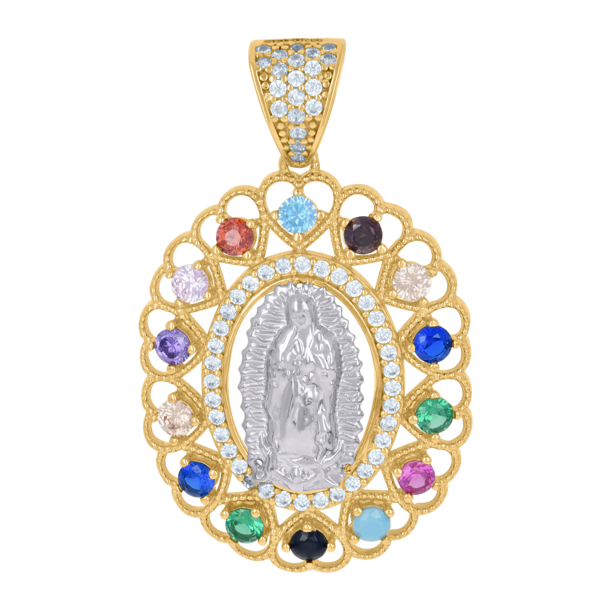 14Kt Two-Tone Gold Womens Multi-Color Cubic-Zirconia Guadalupe Religious Charm Pendant