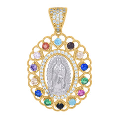 14Kt Two-Tone Gold Womens Multi-Color Cubic-Zirconia Guadalupe Religious Charm Pendant