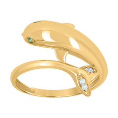 10kt Yellow Gold Womens Green White Cubic-Zirconia Dolphin Fashion Ring