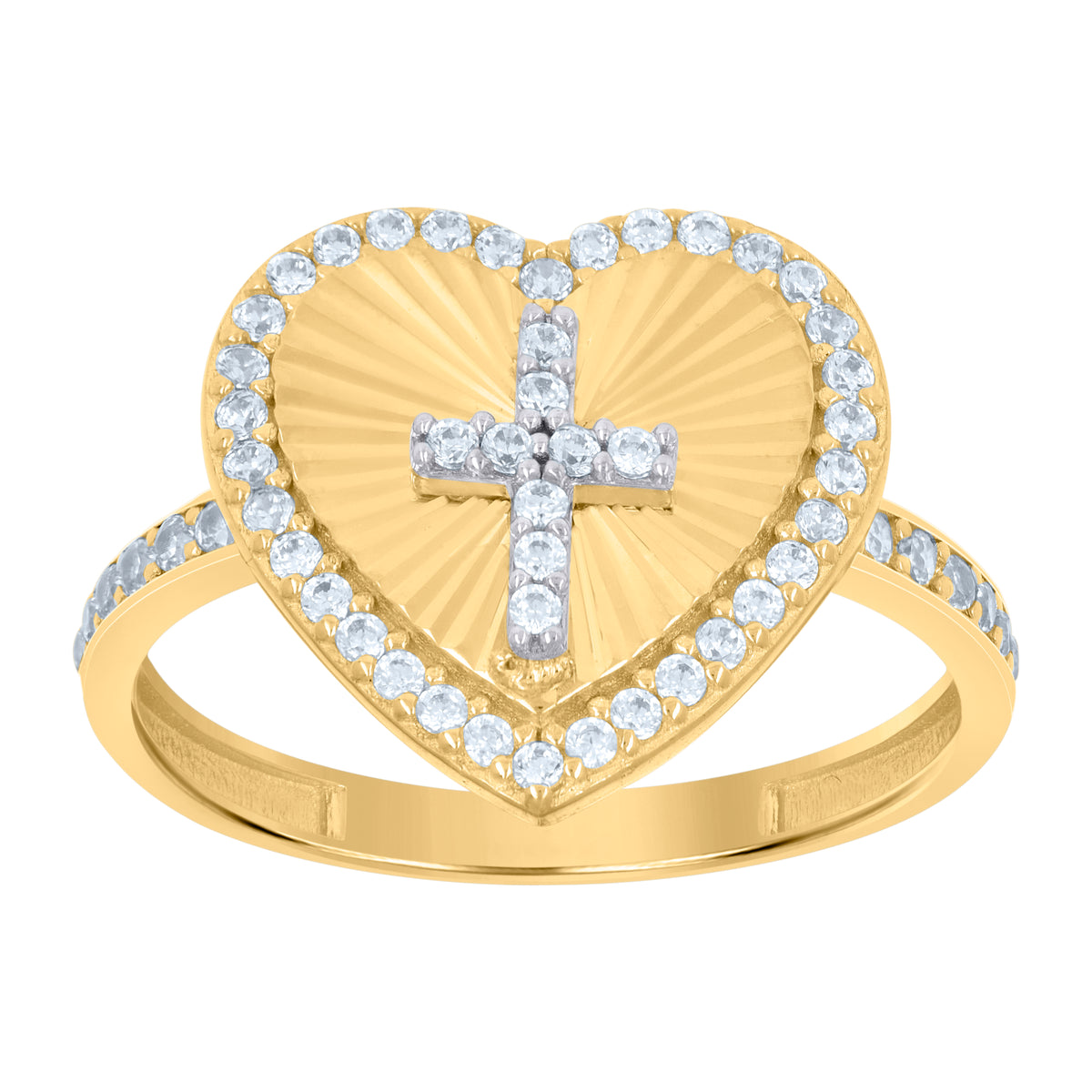 10kt Two-Tone Gold Womens Cubic-Zirconia Heart Cross Religious Ring