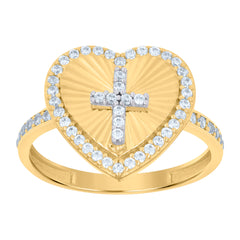 10kt Two-Tone Gold Womens Cubic-Zirconia Heart Cross Religious Ring