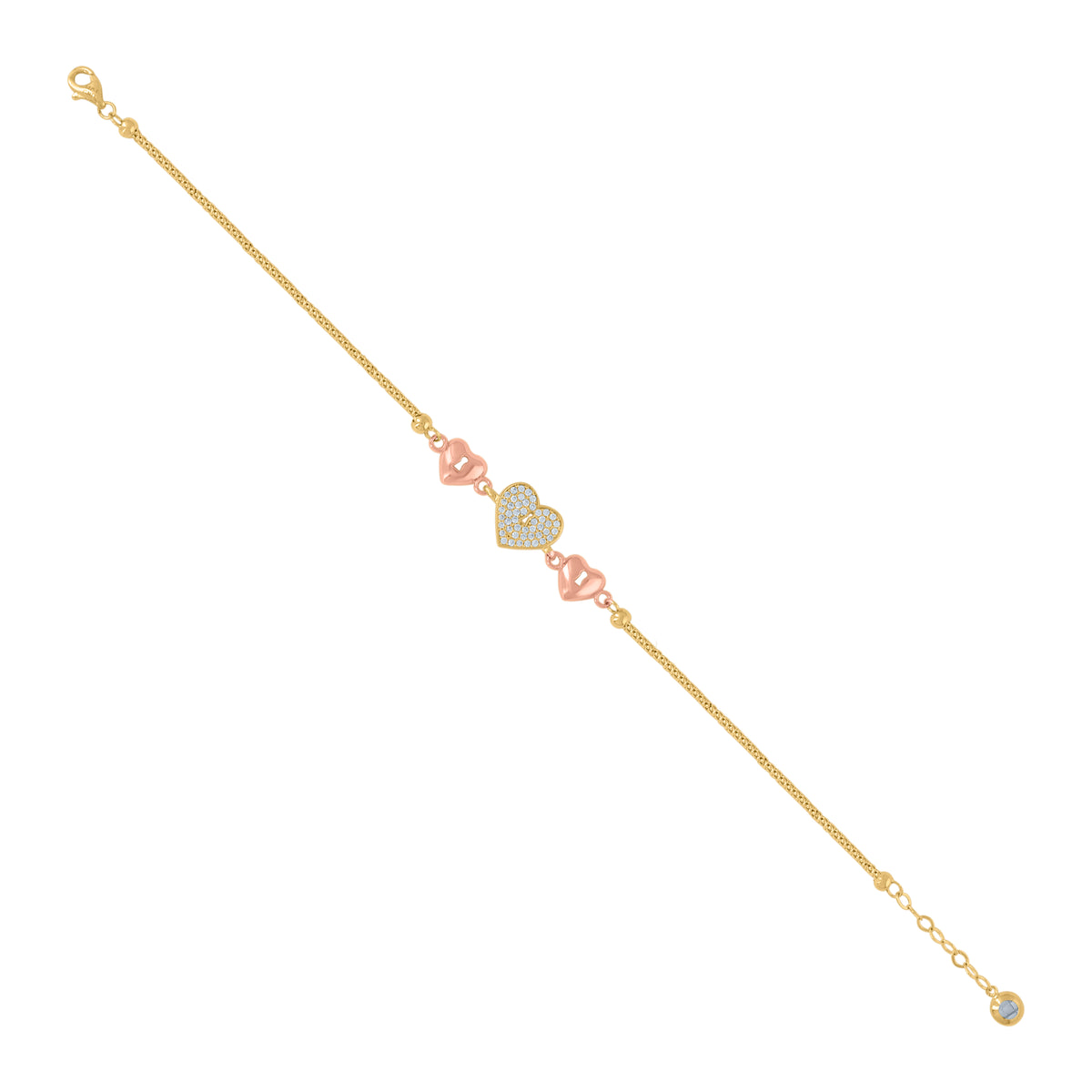 14kt Two-Tone Gold Womens Cubic-Zirconia Lock Heart Charm Bracelet Size 8 Inches