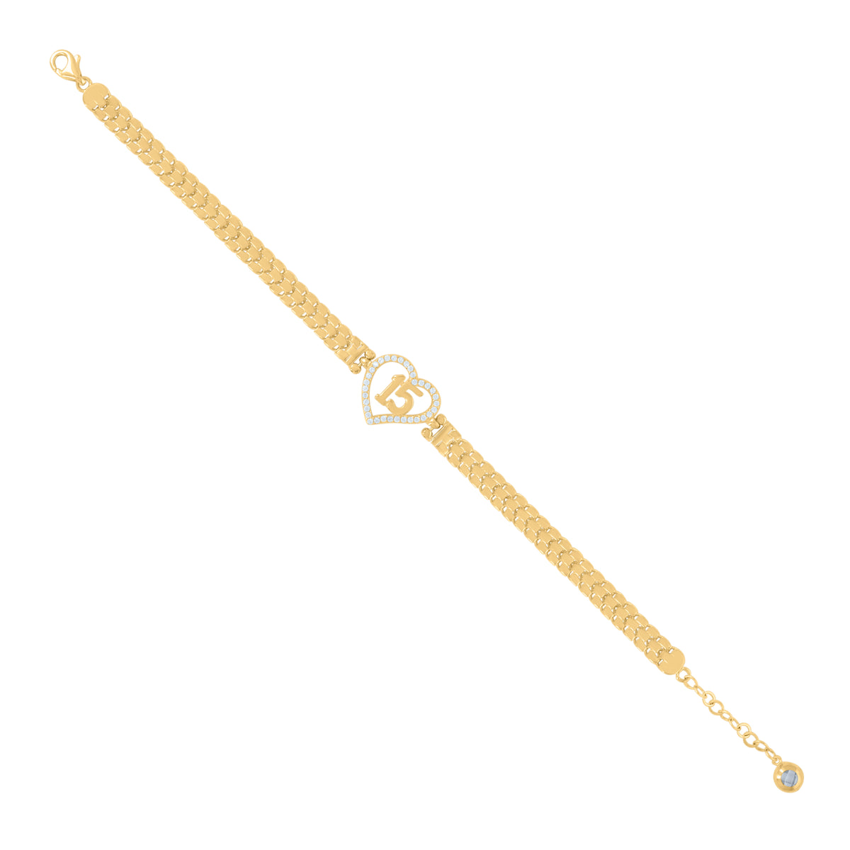 14kt Yellow Gold Womens Cubic-Zirconia Quinceanera Sweet 15 Heart Charm Bracelet Size 8 Inches