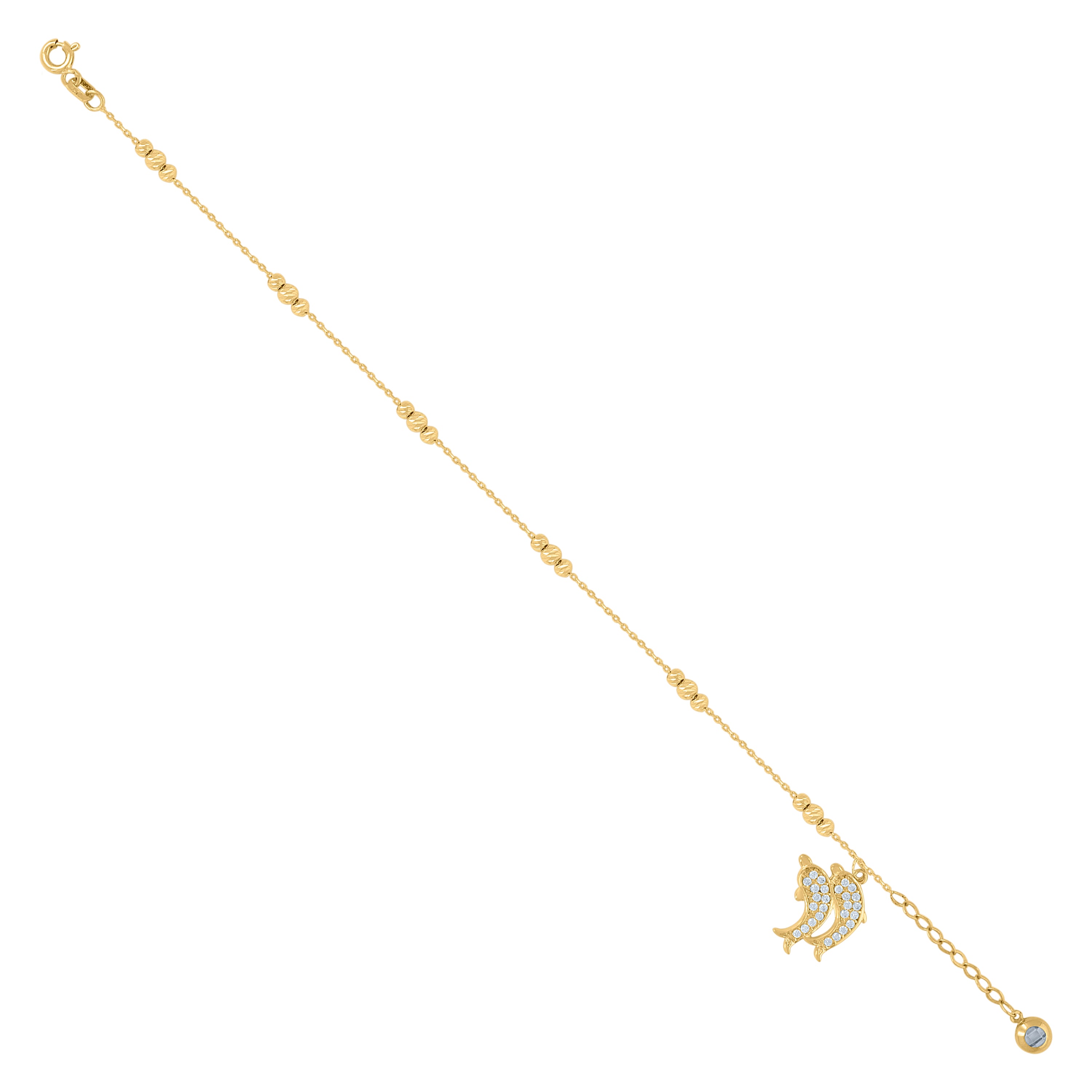 14kt Yellow Gold Womens Cubic-Zirconia Jumping Dolphins Fashion Charm Beaded Anklet Bracelet Size 8 Inches