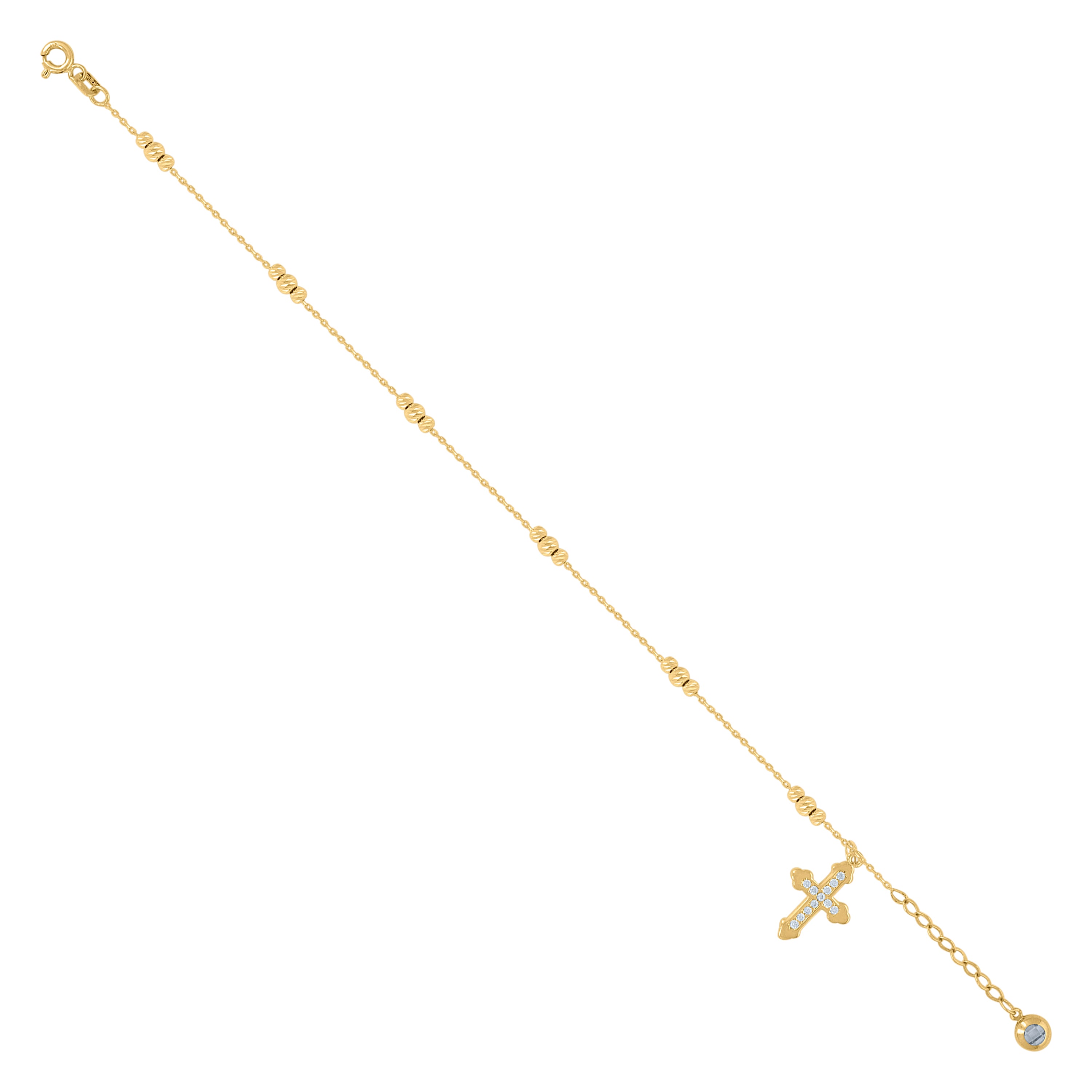 14kt Yellow Gold Womens Cubic-Zirconia Beaded Cross Religious Charm Anklet Bracelet Size 8 Inches