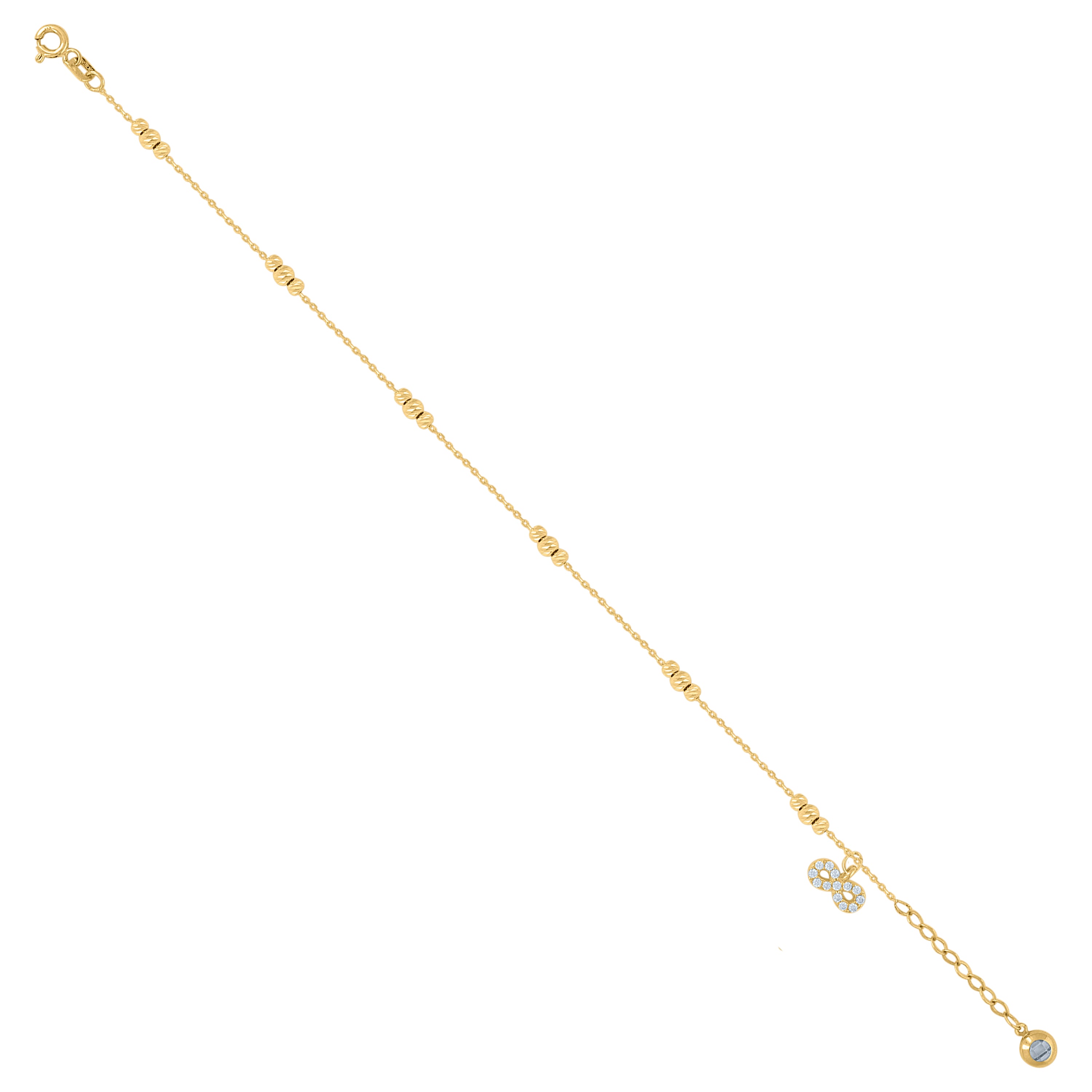 14kt Yellow Gold Womens Cubic-Zirconia Infinity Charm Beaded Anklet Bracelet Size 8 Inches