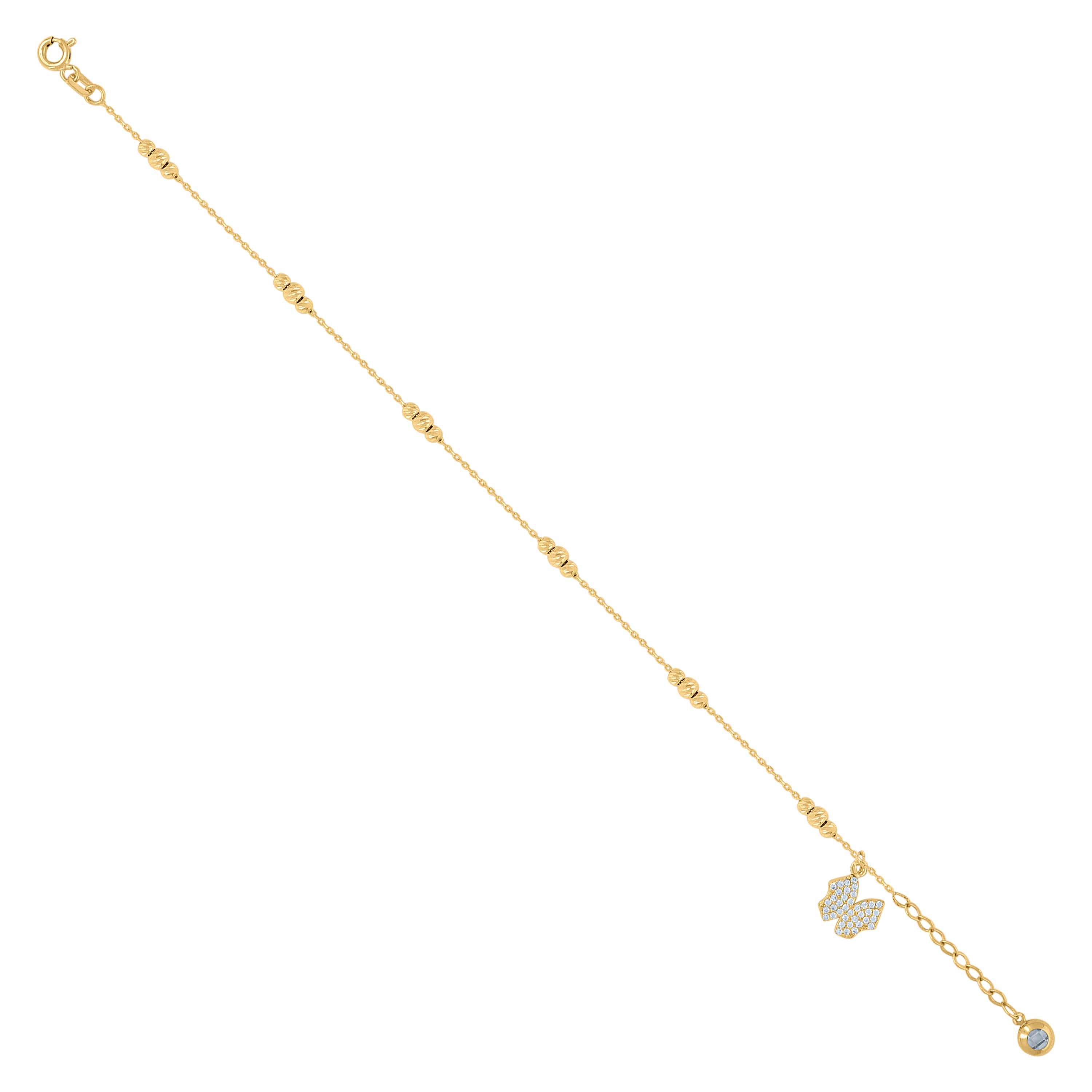 14kt Yellow Gold Womens Cubic-Zirconia Butterfly Fashion Charm Beaded Anklet Bracelet Size 8 Inches