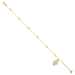14kt Yellow Gold Womens Cubic-Zirconia Hamsa Symbol Religious Charm Beaded Anklet Bracelet Size 8 Inches