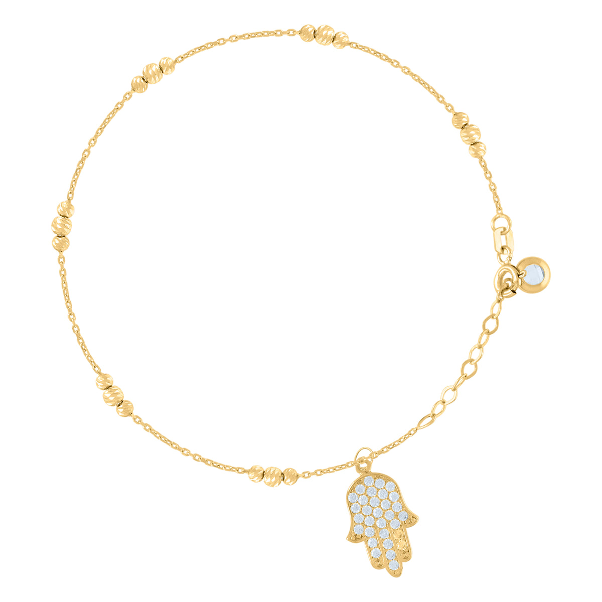 14kt Yellow Gold Womens Cubic-Zirconia Hamsa Symbol Religious Charm Beaded Anklet Bracelet Size 8 Inches