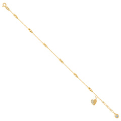 14kt Yellow Gold Womens Cubic-Zirconia Heart Charm Beaded Anklet Bracelet Size 8 Inches