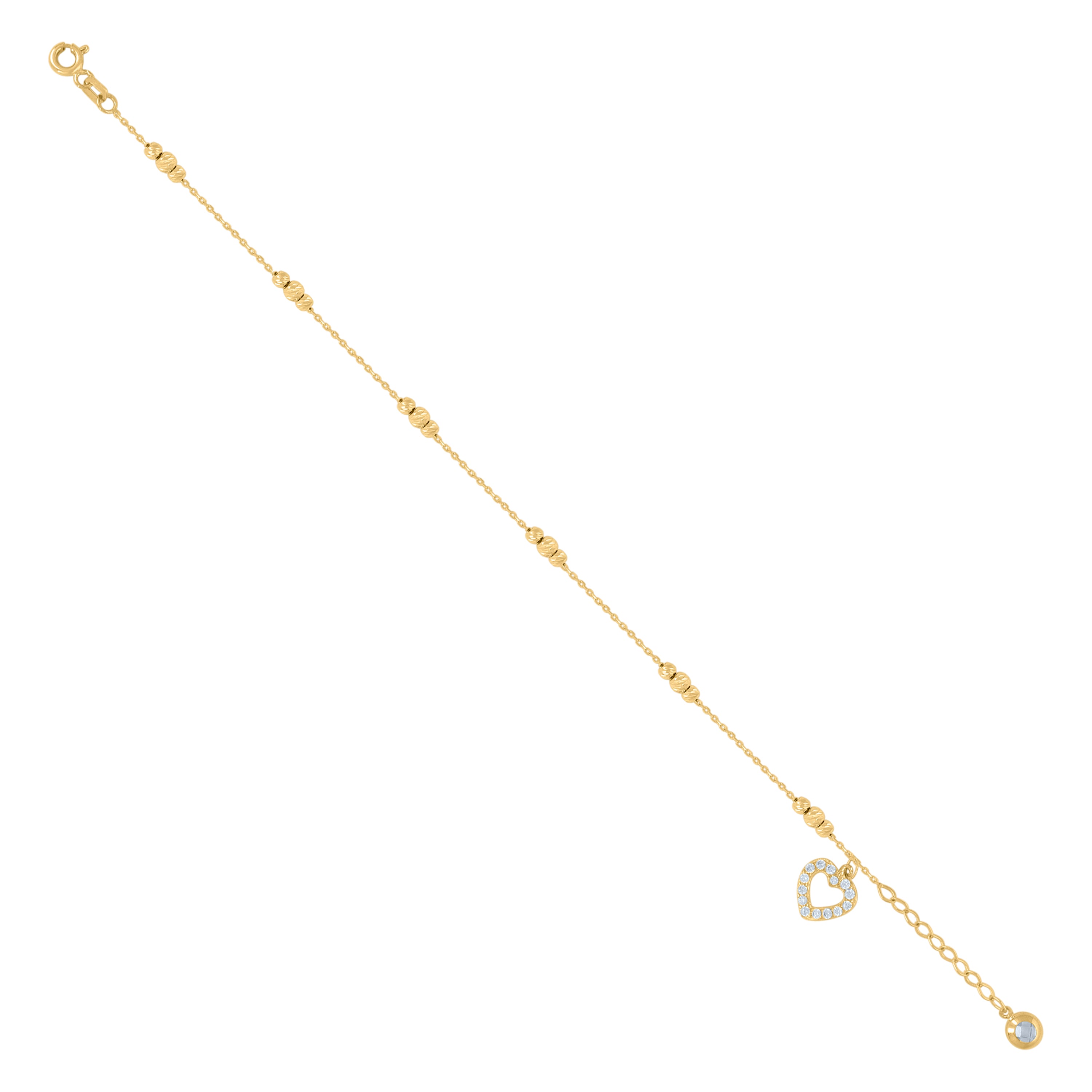 14kt Yellow Gold Womens Cubic-Zirconia Beaded Heart Charm Anklet Bracelet Size 8 Inches