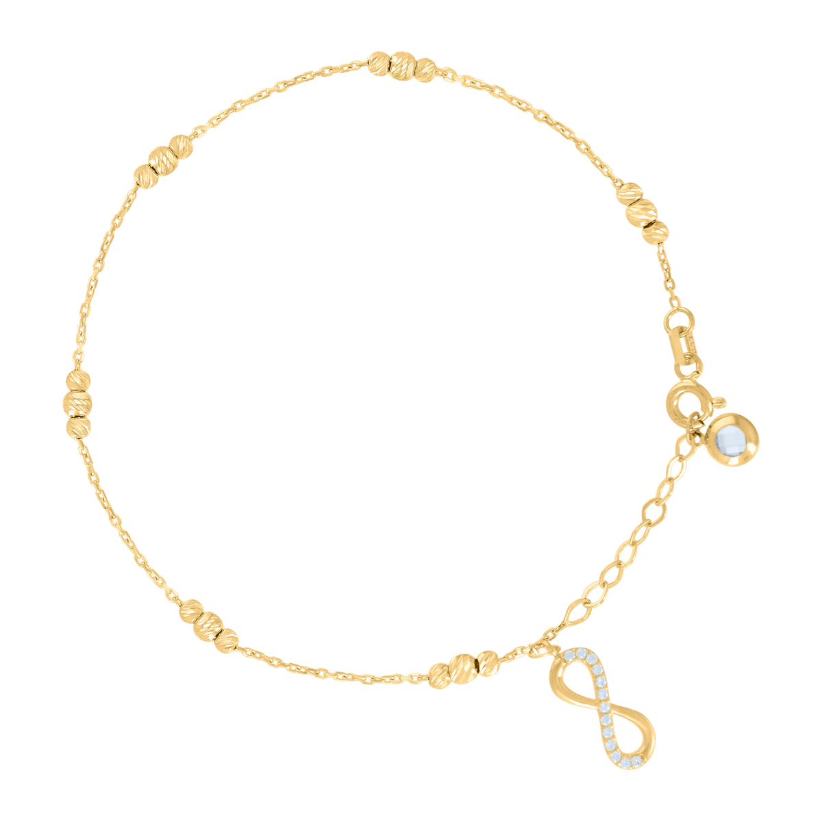 14kt Yellow Gold Womens Cubic-Zirconia Infinity Charm Beaded Anklet Bracelet Size 8 Inches