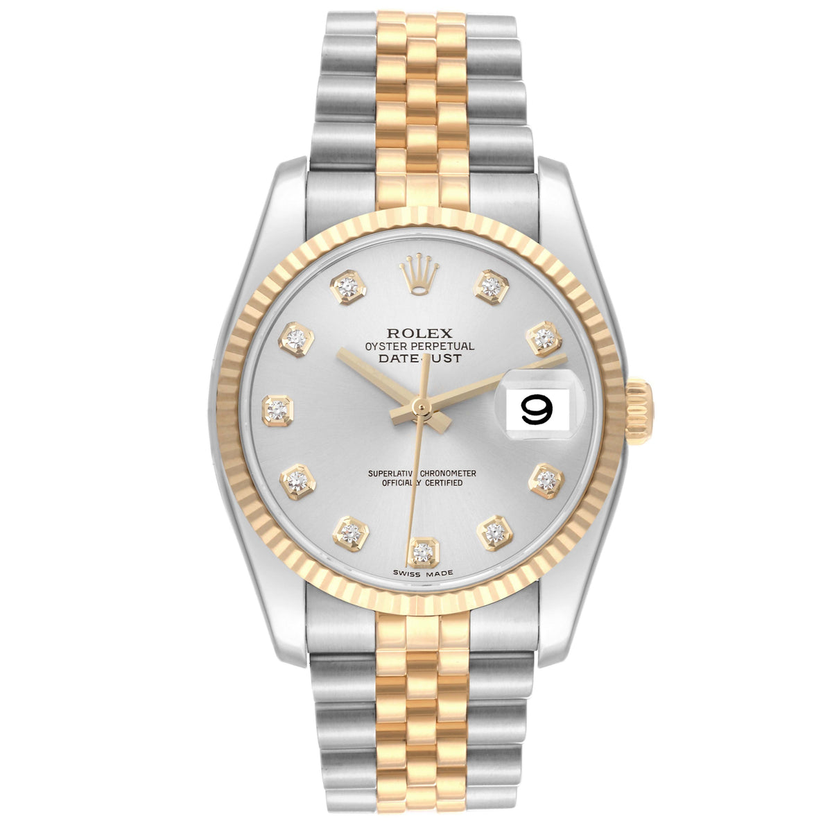 Rolex Datejust 36mm 2 Tone 18k Yellow Gold & Stainless Steel Silver Diamond Dial Fluted Bezel Jubilee Band Watch 116233