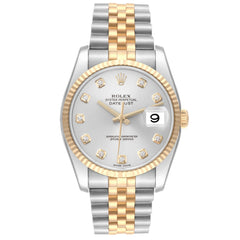 Rolex Datejust 36mm 2 Tone 18k Yellow Gold & Stainless Steel Silver Diamond Dial Fluted Bezel Jubilee Band Watch 116233