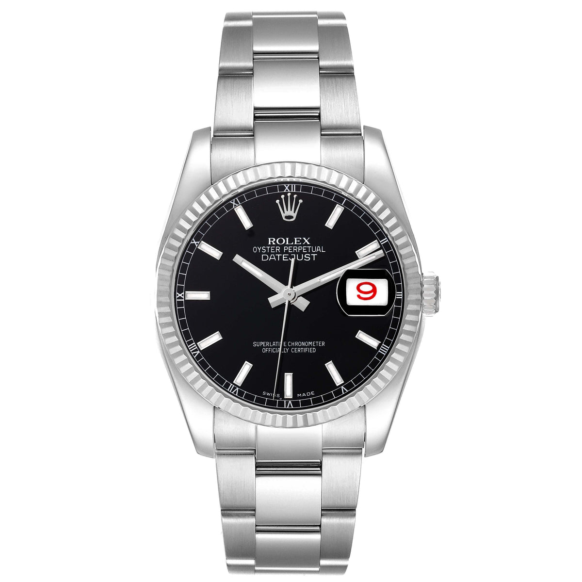 Rolex Datejust 36mm Stainless Steel 18k White Gold Fluted Bezel Black Dial Oyster Steel Watch 116234