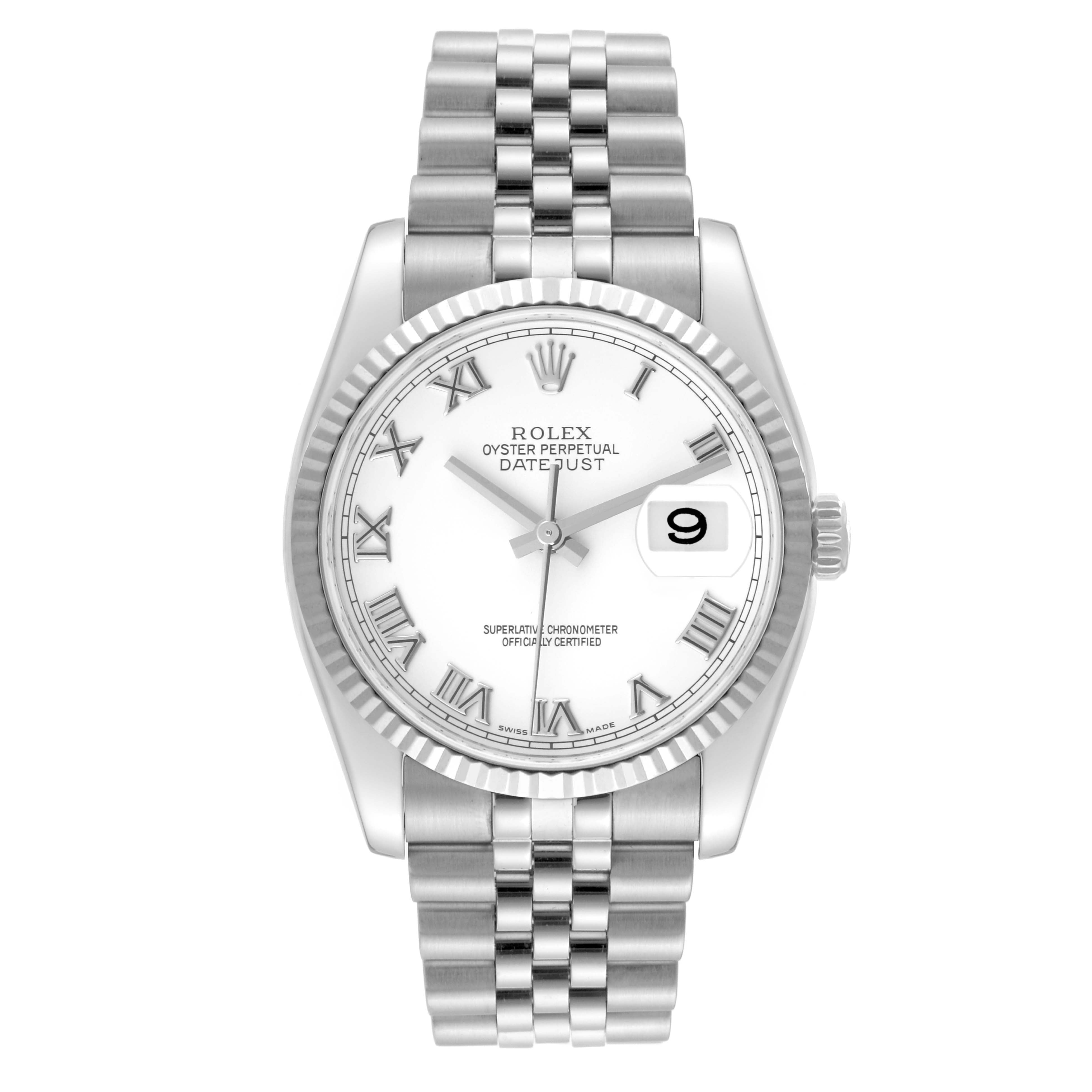 Rolex Datejust 36mm Stainless Steel 18k White Gold Fluted Bezel White Roman Dial Jubilee Watch 116234