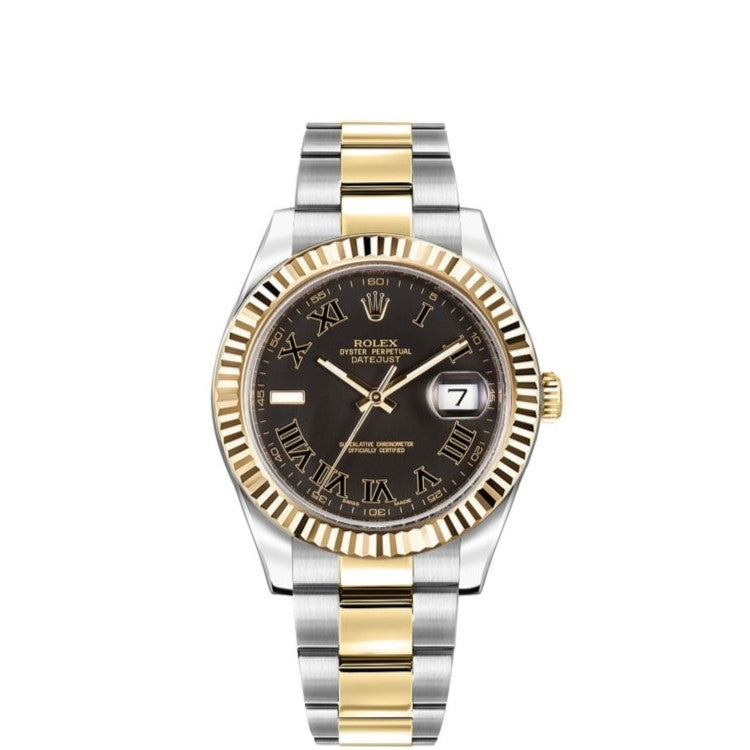 Rolex Datejust 41mm 2 Tone 18k Yellow Gold Fluted Bezel Black Roman Dial Oyster Steel Watch 116333