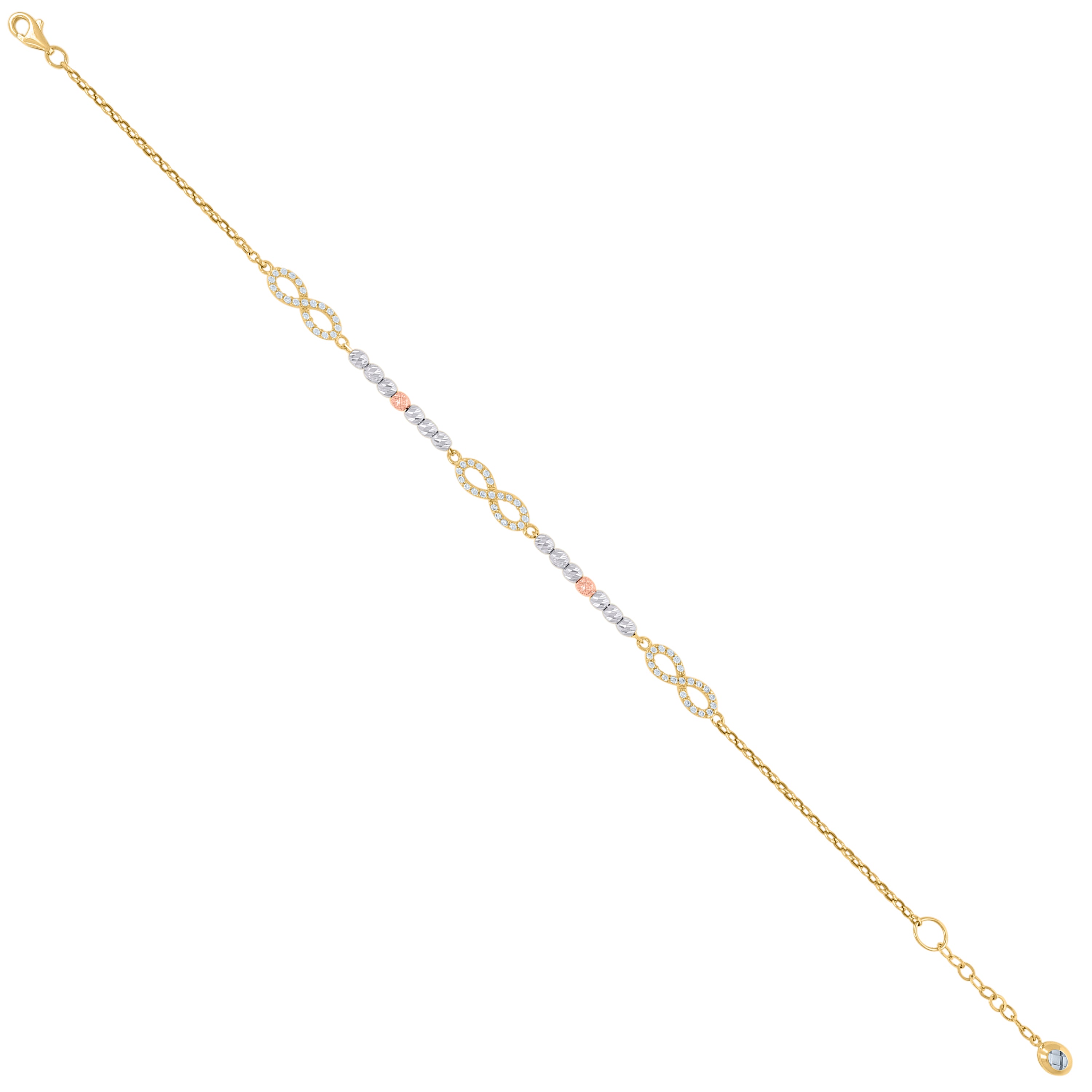 14kt Tri-Color Gold Womens Cubic-Zirconia Beaded Infinity Charm Bracelet