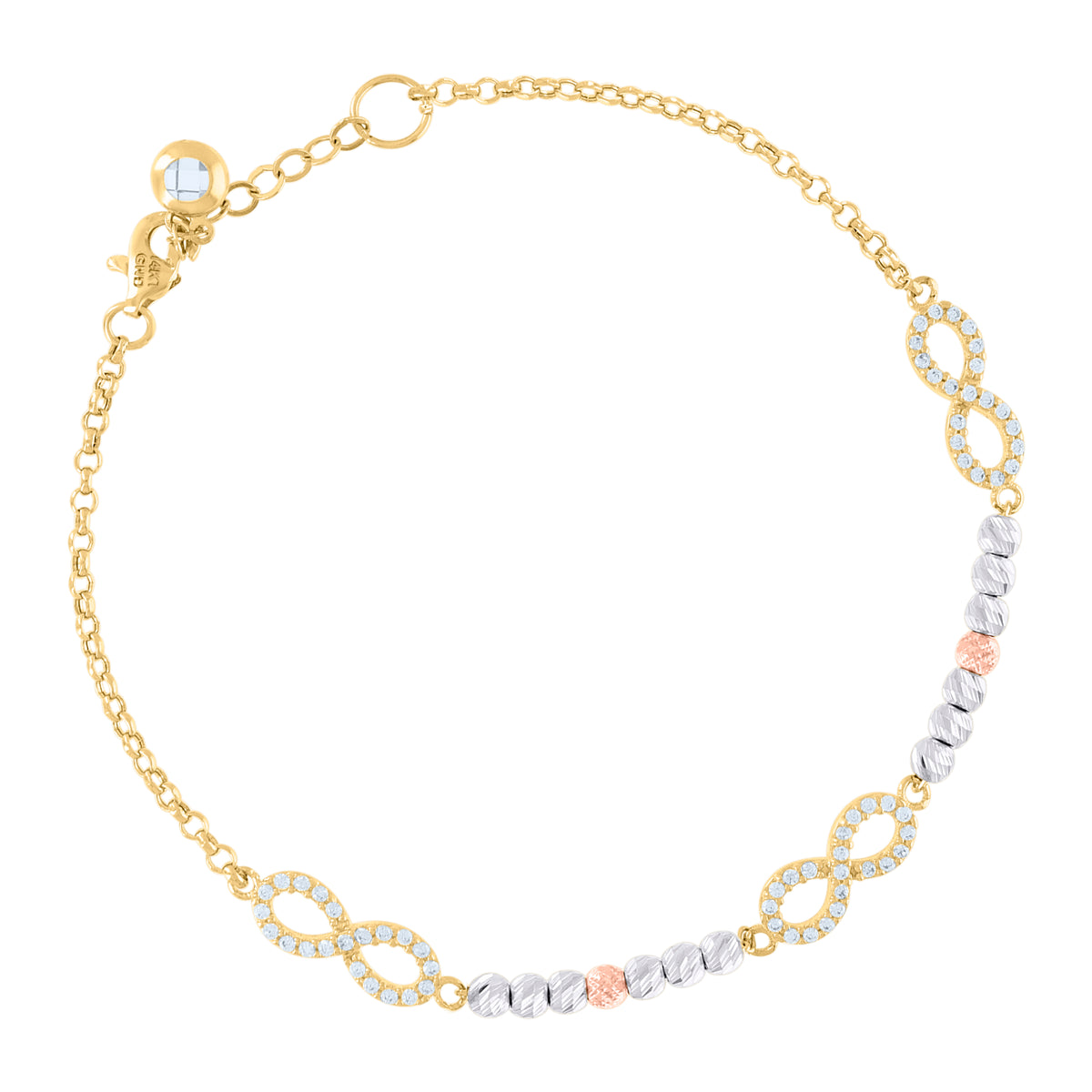 14kt Tri-Color Gold Womens Cubic-Zirconia Beaded Infinity Charm Bracelet