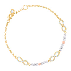 14kt Tri-Color Gold Womens Cubic-Zirconia Beaded Infinity Charm Bracelet