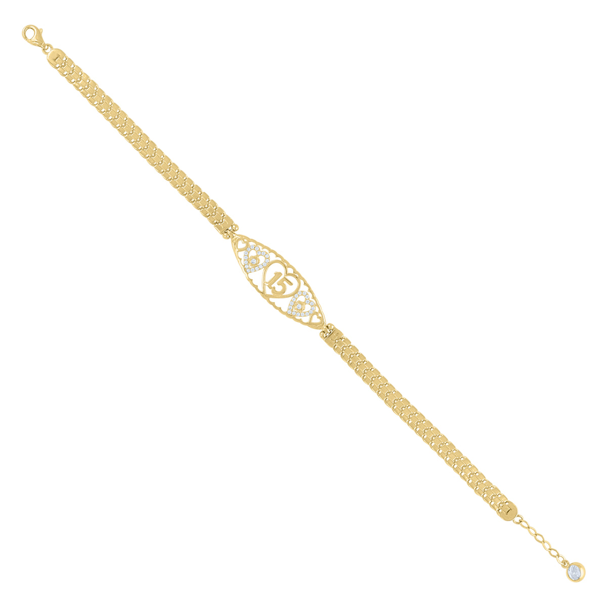 10kt Yellow Gold Womens Cubic-Zirconia Heart 15 Anos Quinceanera Charm Bracelet Size 8 Inches
