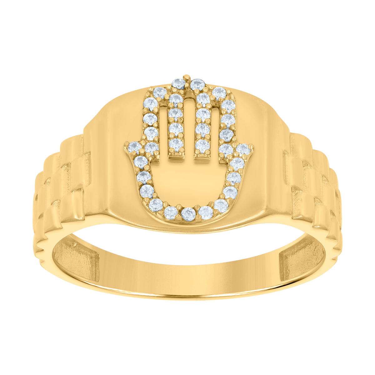 14kt Yellow Gold Mens Cubic-Zirconia Hamsa Symbols Religious Ring