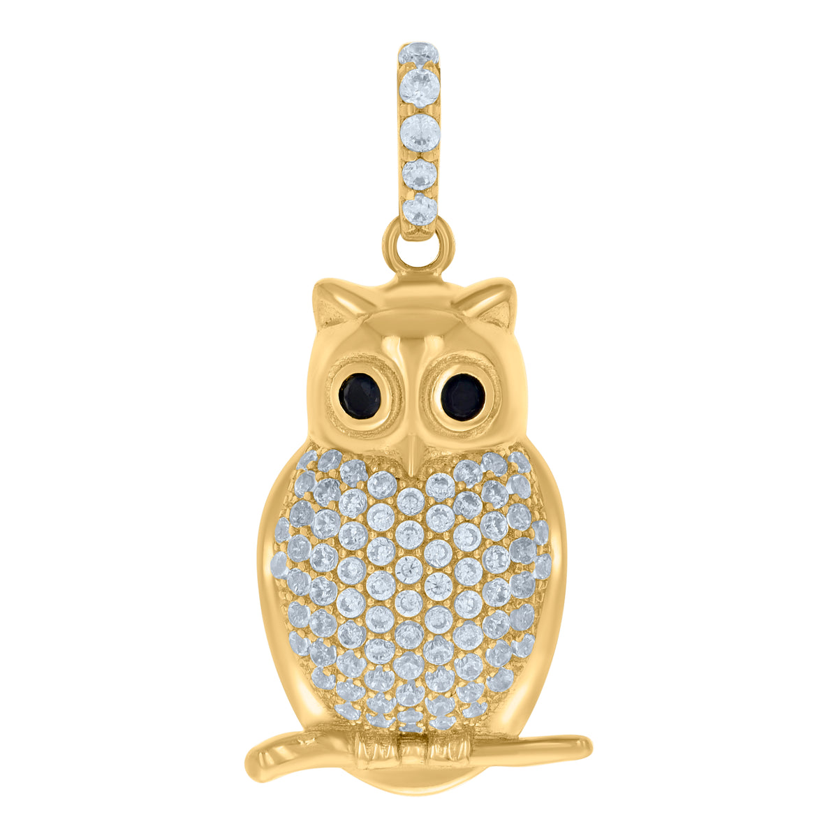 10kt Yellow Gold Unisex Black White Cubic-Zirconia Owl Bird Wildlife Charm Pendant