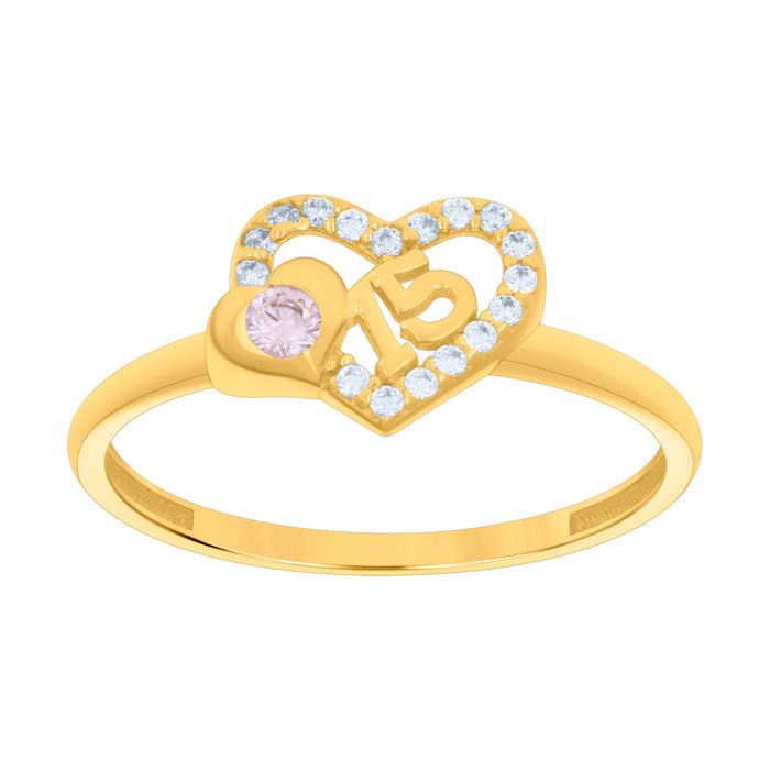 10kt Yellow Gold Womens Purple White Cubic-Zirconia 15 Heart Quinceanera Ring