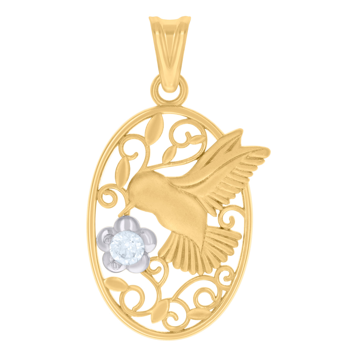 10kt Two-tone Gold Womens Cubic-Zirconia Oval Hummingbird Bird Wildlife Charm Pendant