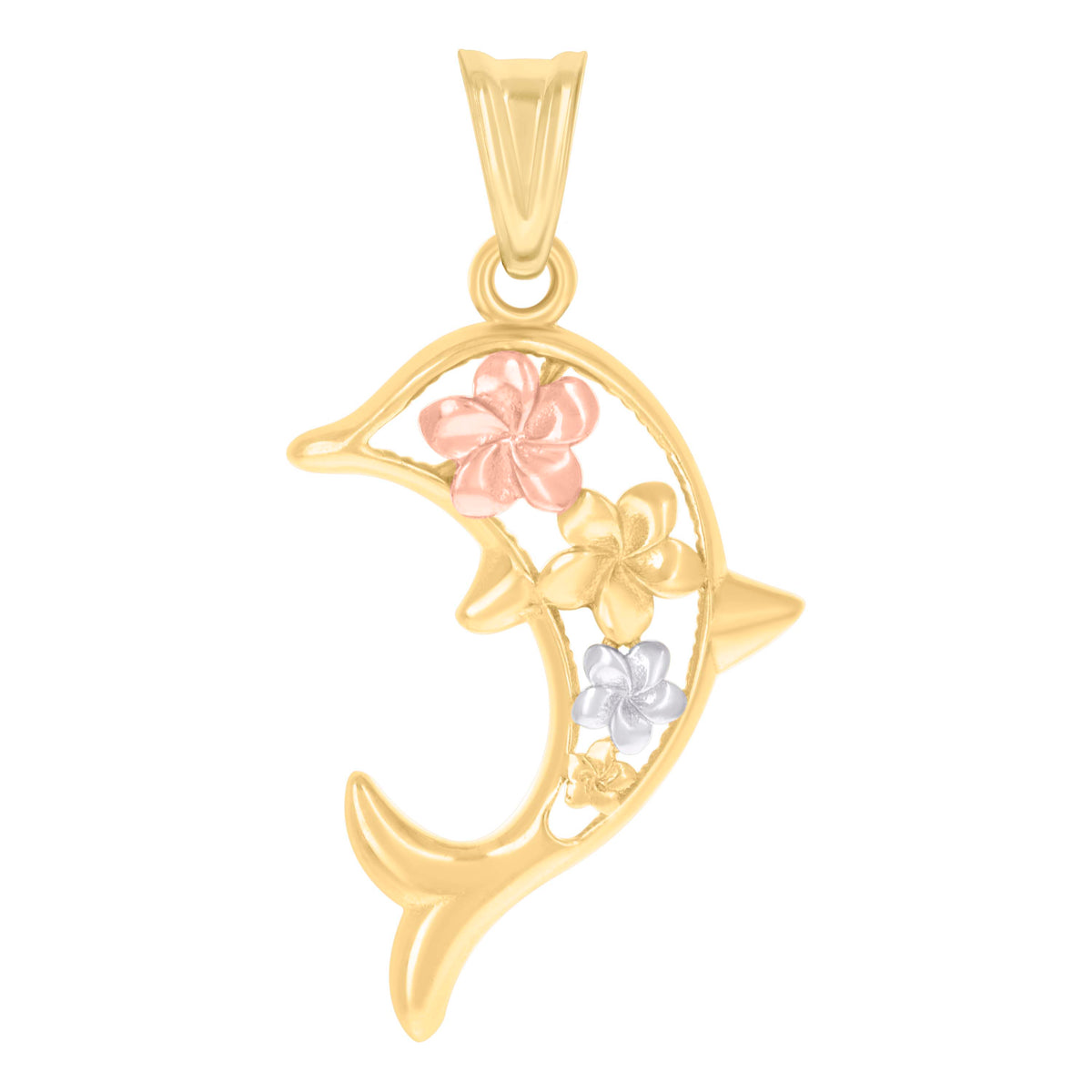 10kt Tri-Color Gold Unisex Flower Dolphin Fish Ocean Charm Pendant