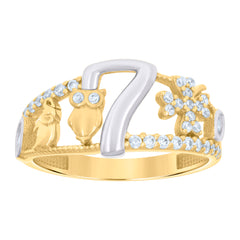 10kt Two-tone Gold Womens Cubic-Zirconia Elephant Owl Clover 7 Good Luck Ring