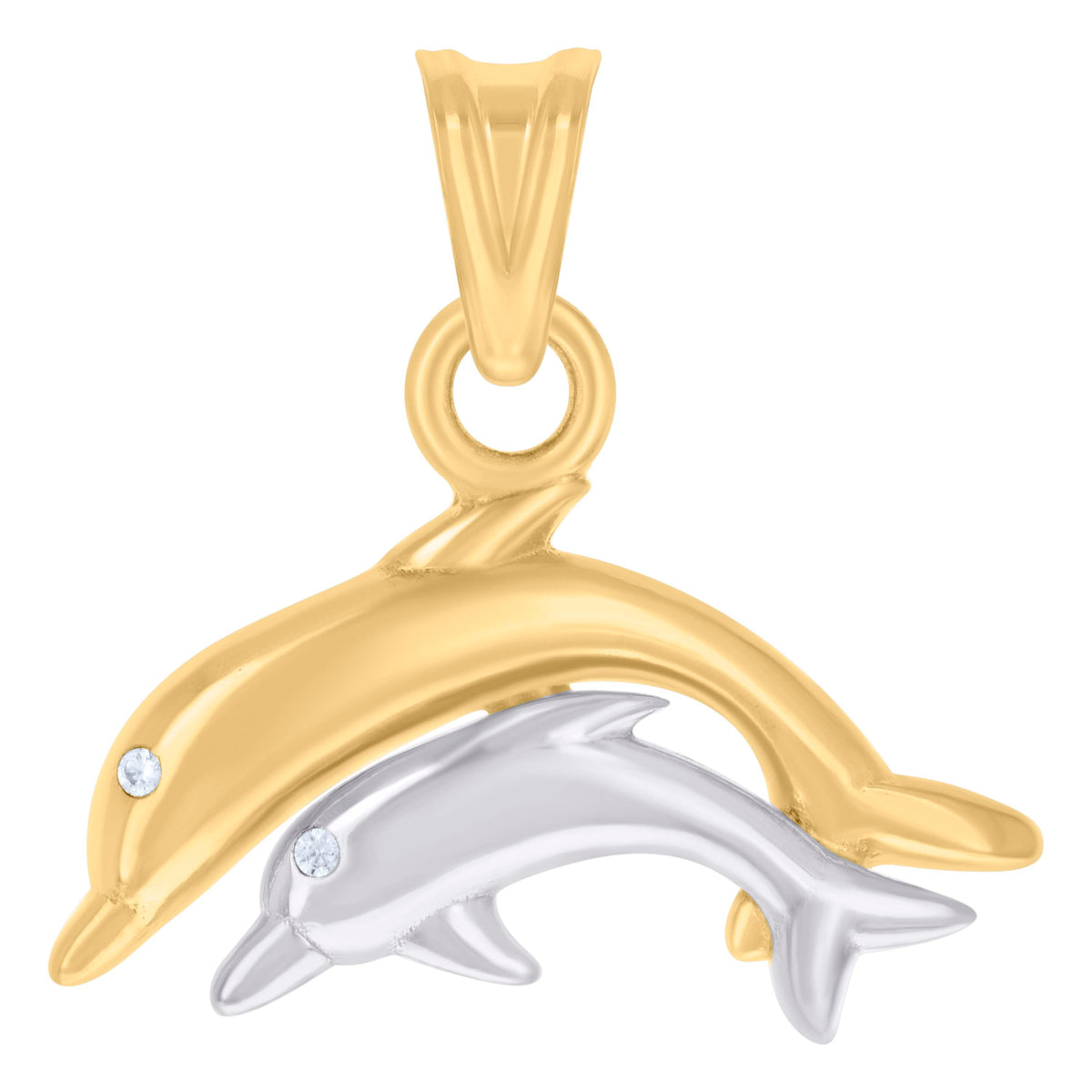 14kt Two-tone Gold Unisex Cubic-Zirconia Dolphin Ocean Charm Pendant