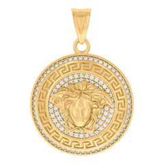 14kt Yellow Gold Men Cubic-Zirconia Greek Key Border Medusa Egyptian Fashion Charm Pendant