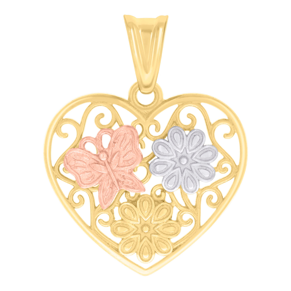 14kt Tri-Color Gold Women Floral Heart Charm Pendant