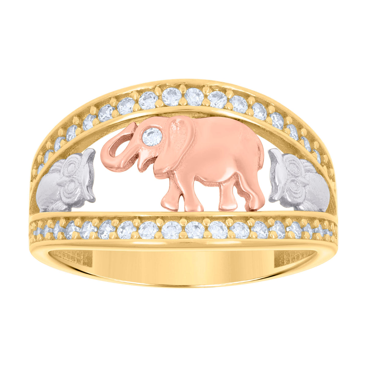 14kt Tri-Color Gold Women Cubic-Zirconia Elephant Owl Good Luck Ring