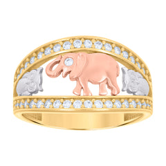 14kt Tri-Color Gold Women Cubic-Zirconia Elephant Owl Good Luck Ring