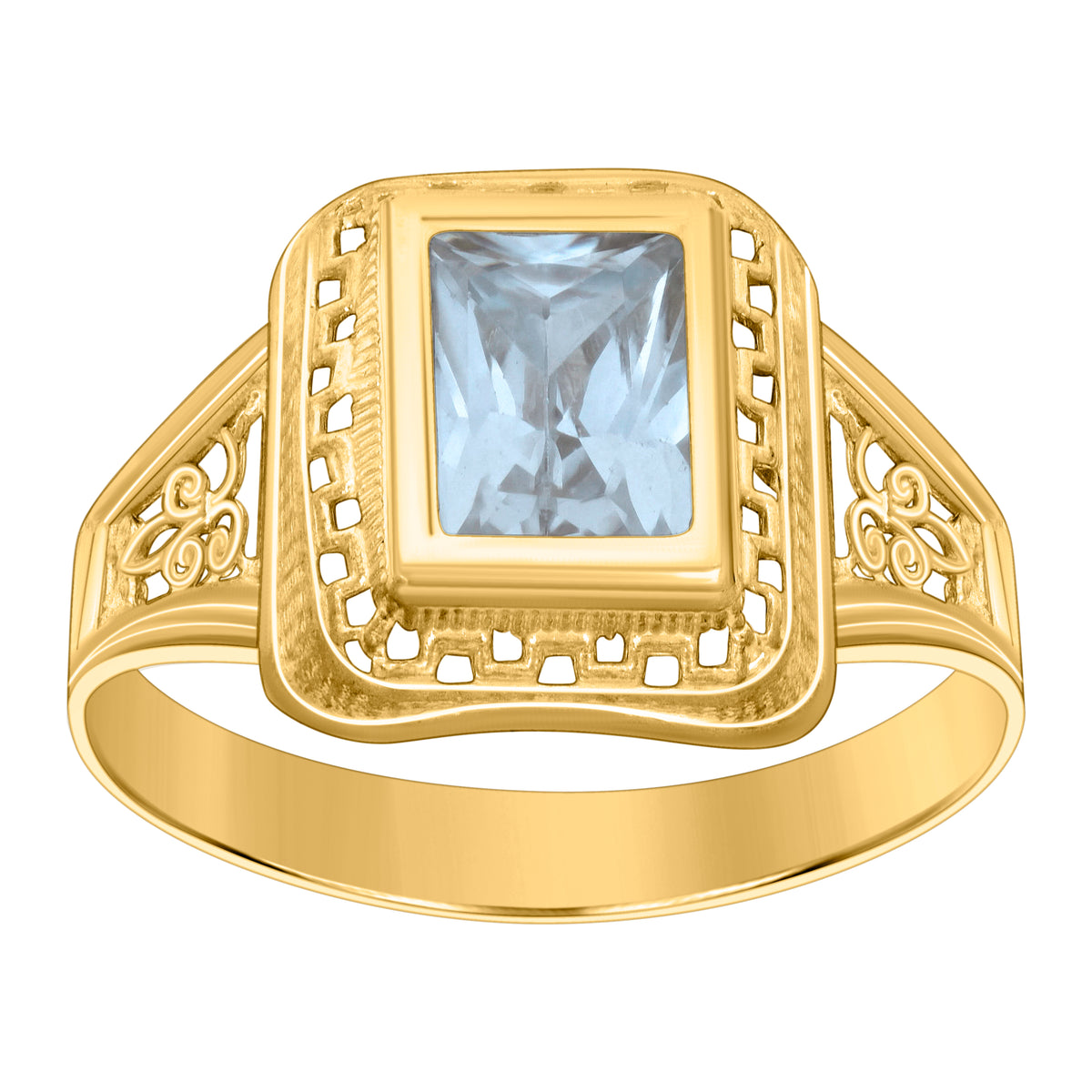 10kt Yellow Gold Womens Aqua Emerald-cut Cubic-Zirconia March Birthstone Ring