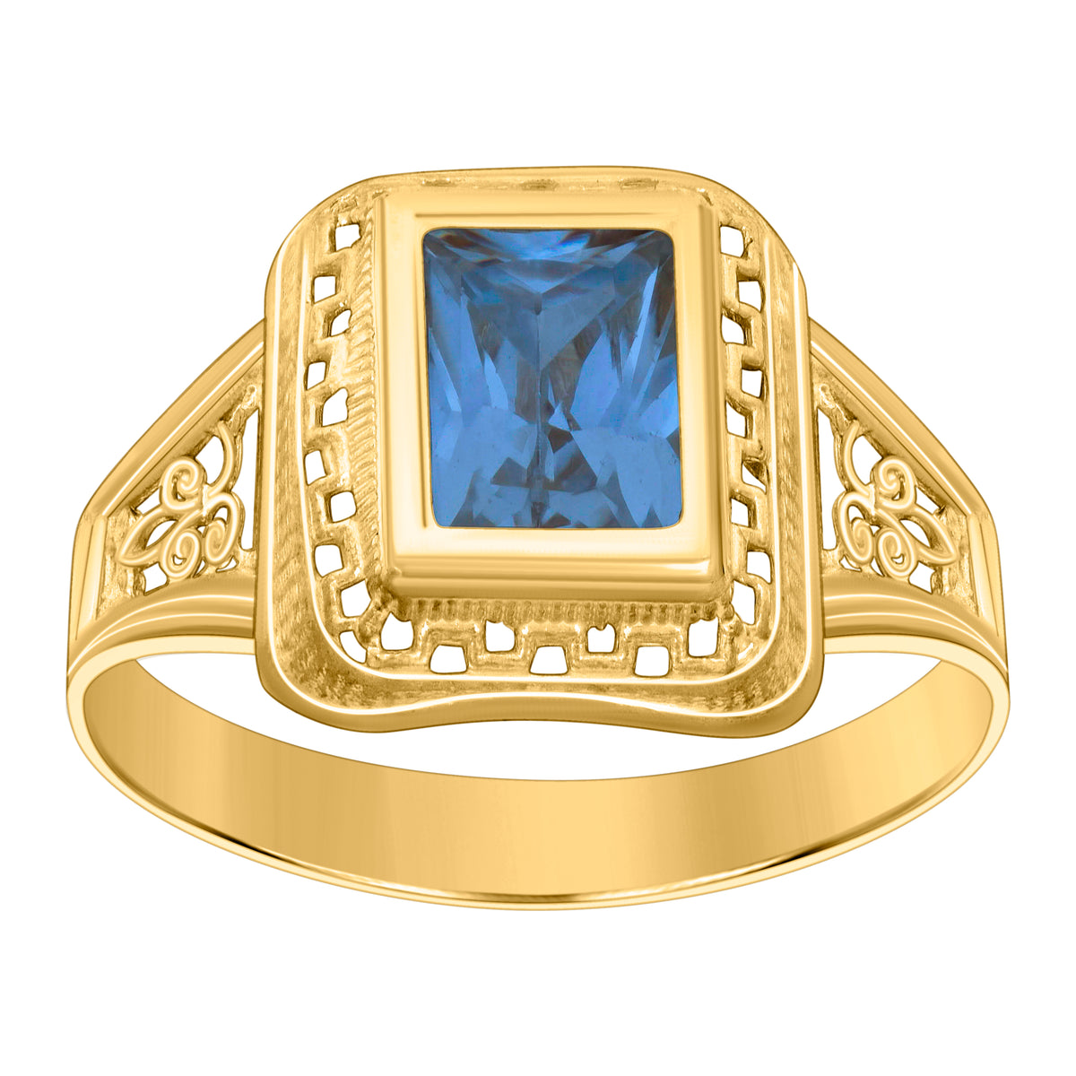 10kt Yellow Gold Womens Blue Emerald-cut Cubic-Zirconia December Birthstone Ring