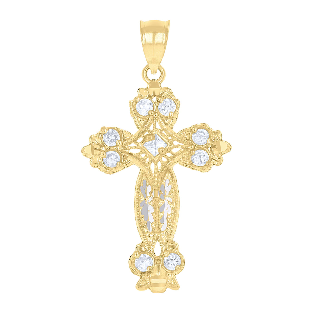 10kt Two-tone Gold Womens Princess-cut Round Cubic-Zirconia Cross Religious Charm Pendant