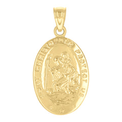 14kt Yellow Gold Unisex Oval Medallion St. Christopher Protect Us Religious Pendant