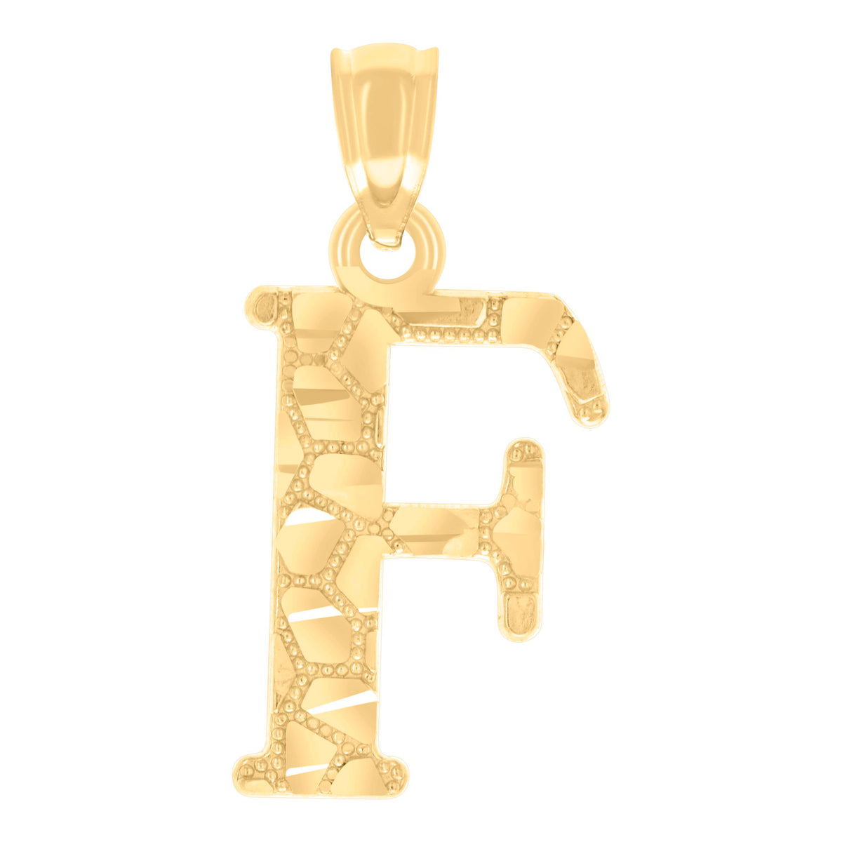 14Kt Yellow Gold Unisex Diamond-cut Nugget Unisex Initial Alphabet F Charm Pendant