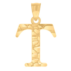 14Kt Yellow Gold Unisex Diamond-cut Nugget Unisex Initial Alphabet T Charm Pendant