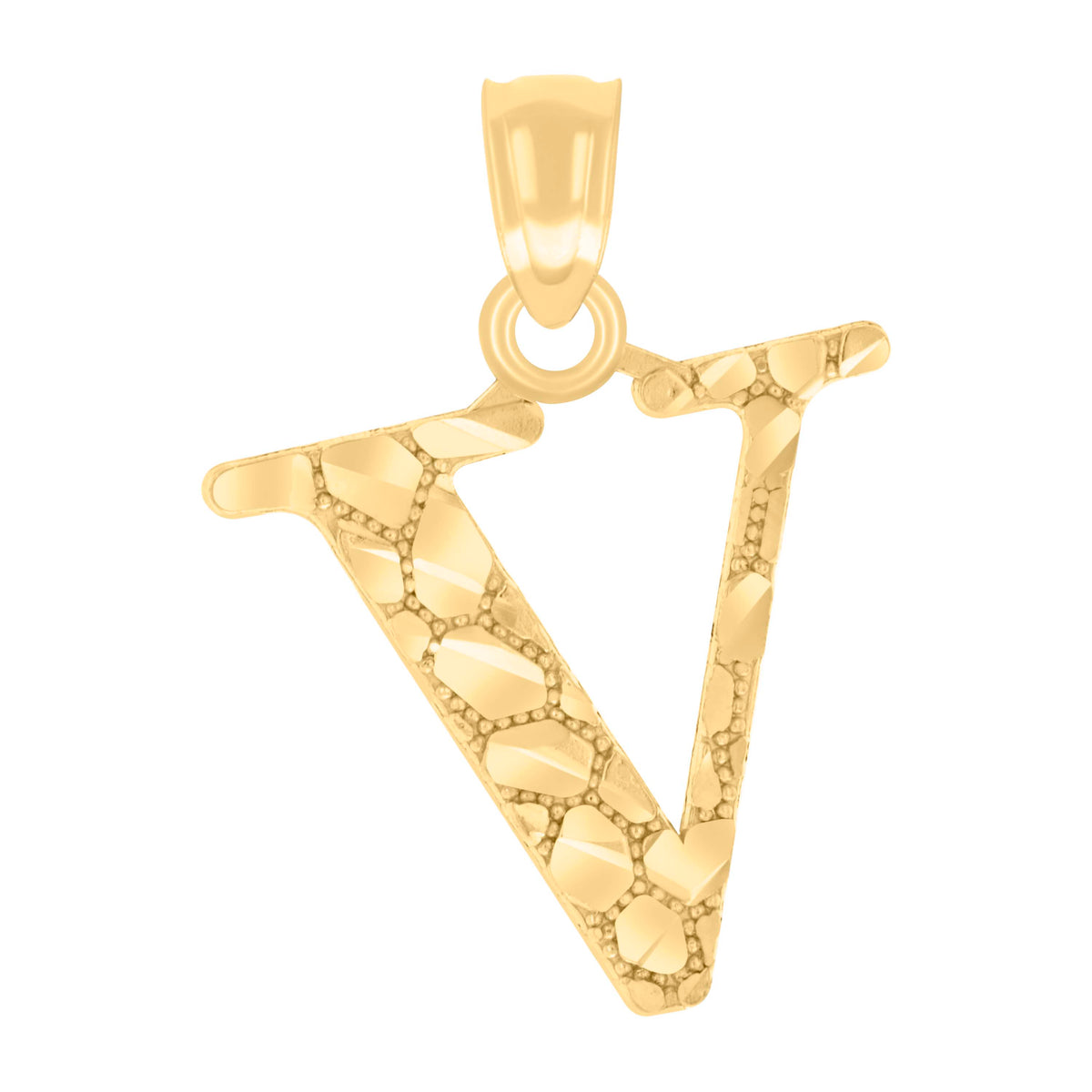 14Kt Yellow Gold Unisex Diamond-cut Nugget Unisex Initial Alphabet V Charm Pendant