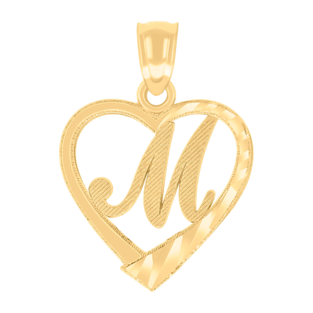 14Kt Yellow Gold Unisex Diamond-cut Unisex Initial Alphabet M Heart Charm Pendant