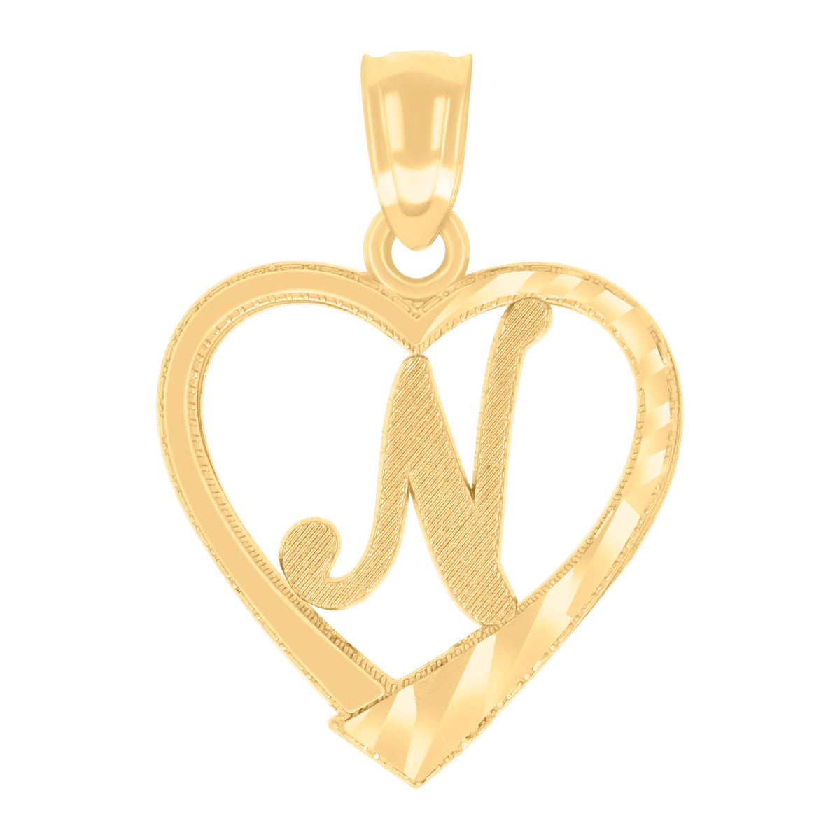14Kt Yellow Gold Unisex Diamond-cut Unisex Initial Alphabet N Heart Charm Pendant