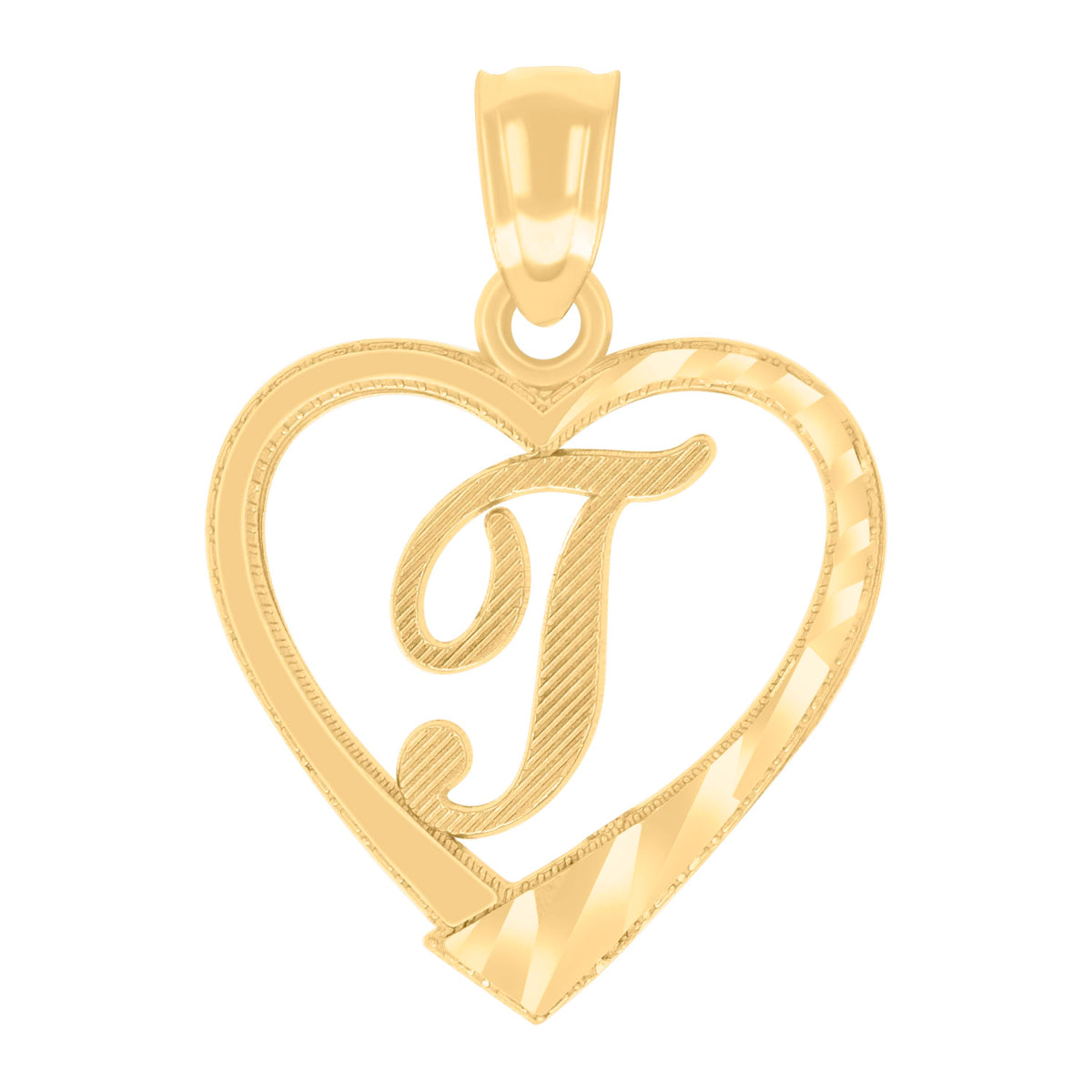 14Kt Yellow Gold Unisex Diamond-cut Unisex Initial Alphabet T Heart Charm Pendant