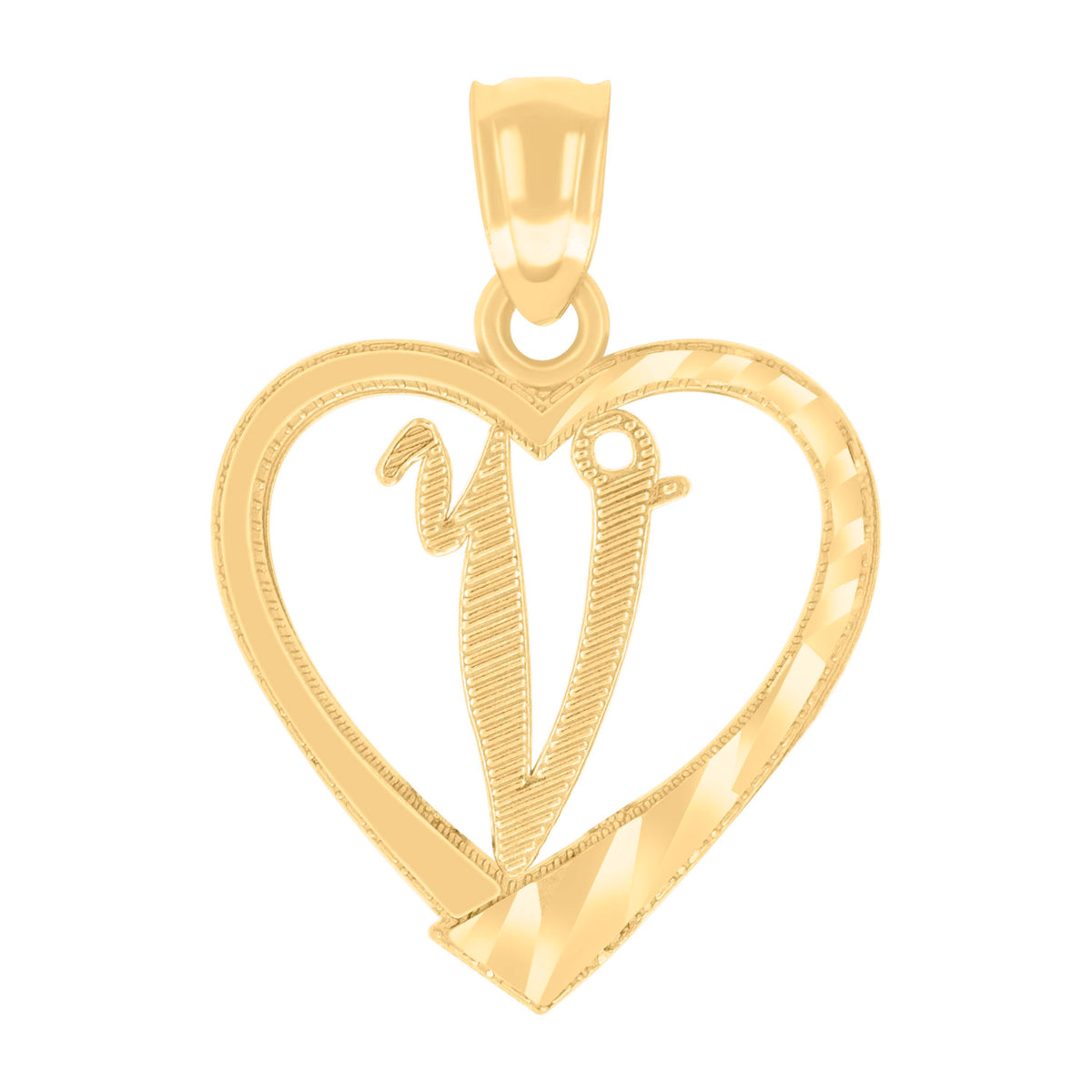 14Kt Yellow Gold Unisex Diamond-cut Unisex Initial Alphabet V Heart Charm Pendant