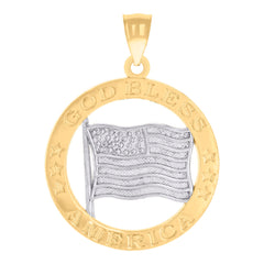 14kt Two-tone Gold Unisex God Bless America USA FLAG Patriotism Badge Charm Pendant
