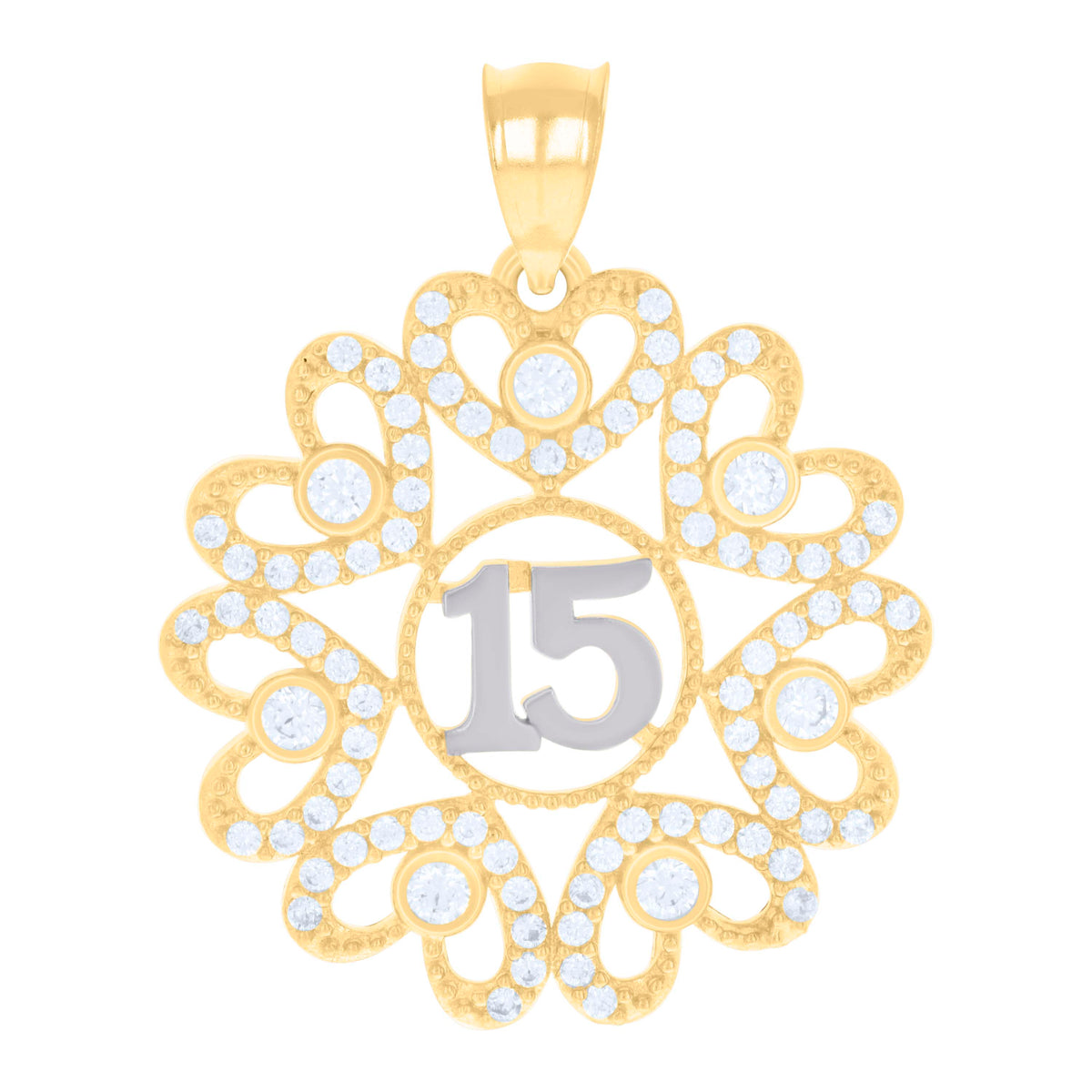 14kt Two-tone Gold Womens Cubic-Zirconia Sweet 15 Hearts Quinceanera Charm Pendant