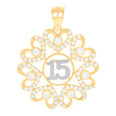 14kt Two-tone Gold Womens Cubic-Zirconia Sweet 15 Hearts Quinceanera Charm Pendant